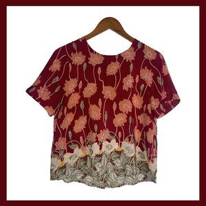 Madewell Red Floral Button Back Blouse Top Size Small Silk Art Deco Relaxed